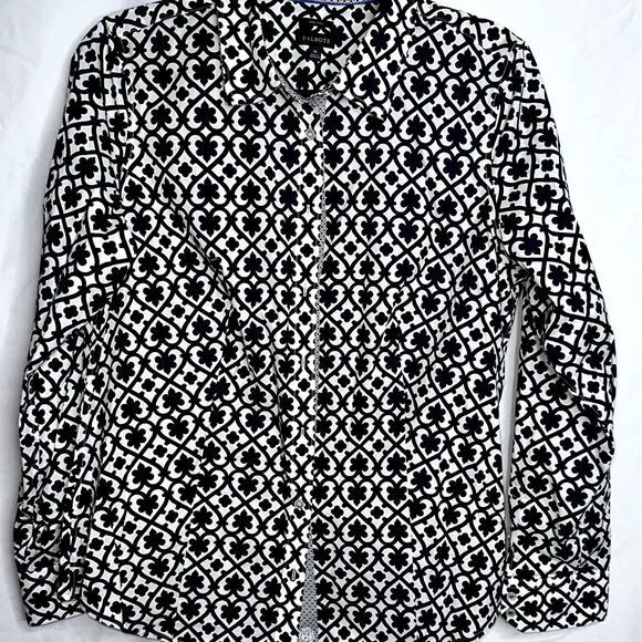Talbots Womens Size 10 Navy Blue White Pattern Long Sleeve Button Up Blouse NWOT - Picture 1 of 7